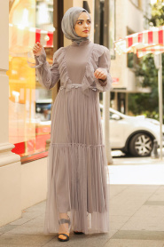 Nayla Collection - Tül Detaylı Gri Tesettür Elbise 3170GR - Thumbnail