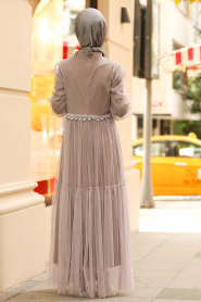 Nayla Collection - Tül Detaylı Gri Tesettür Elbise 3170GR - Thumbnail