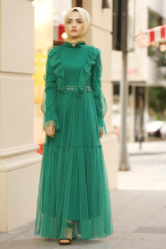 Nayla Collection - Tül Detaylı Yeşil Tesettür Elbise 3170Y - Thumbnail