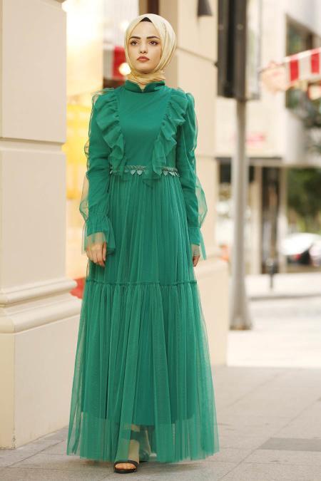 Nayla Collection - Tül Detaylı Yeşil Tesettür Elbise 3170Y - 1