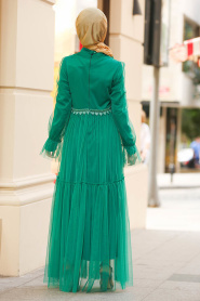 Nayla Collection - Tül Detaylı Yeşil Tesettür Elbise 3170Y - Thumbnail
