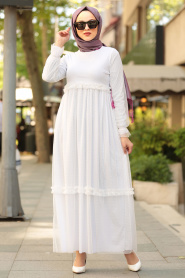 Nayla Collection - Tüllü Beyaz Tesettür Elbise 41520B - Thumbnail
