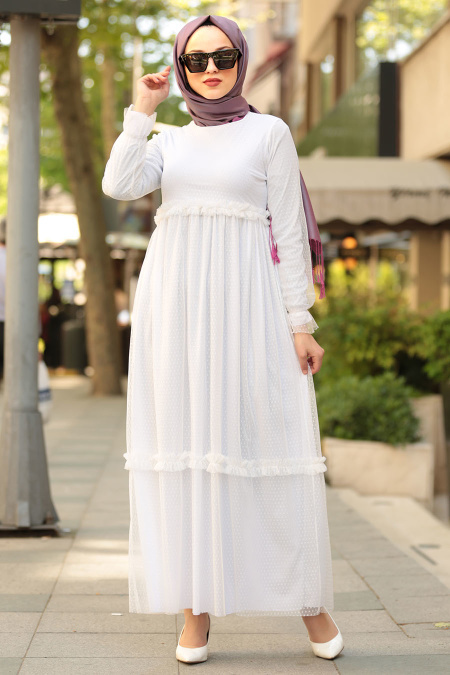 Nayla Collection - Tüllü Beyaz Tesettür Elbise 41520B