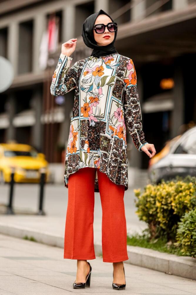 Nayla Collection - Tunik & Pantolon Kiremit Tesettür Takım 1080KRMT - 2