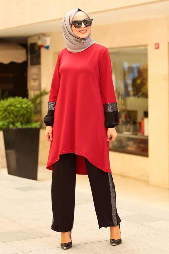 Nayla Collection - Tunik & Pantolon Bordo Tesettür Takım 1002BR - 1