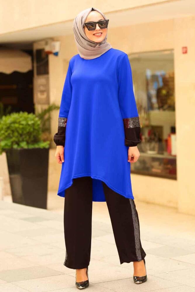 Nayla Collection - Tunik & Pantolon Sax Mavisi Tesettür Takım 1002SX - 1