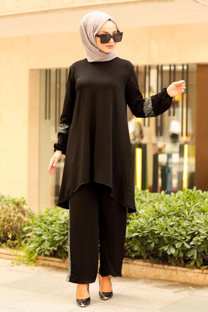 Nayla Collection - Tunik & Pantolon Siyah Tesettür Takım 1002S - 1