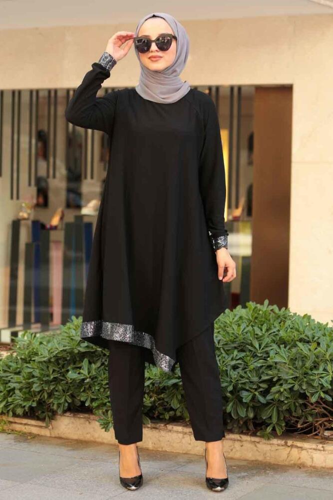 Nayla Collection - Tunik & Pantolon Siyah Tesettür Takım 1039S - 1