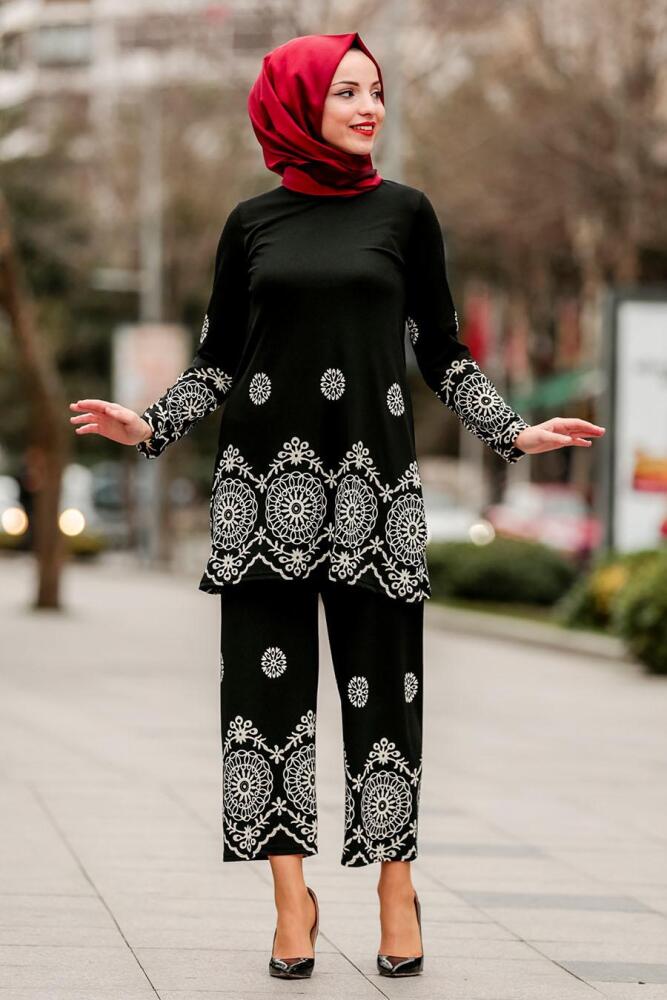 Nayla Collection - Tunik & Pantolon Siyah Tesettür Takım 20410S - 1