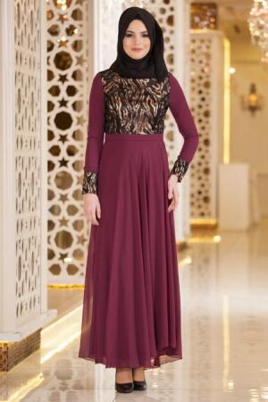 Nayla Collection - Üstü Desenli Mürdüm Elbise 7013MU - 1