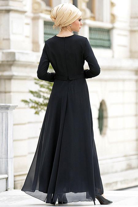 Nayla Collection - Üstü Desenli Siyah Elbise 7013S - 3