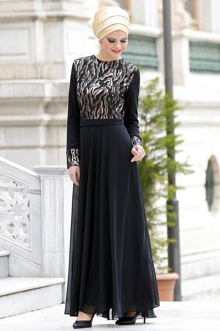 Nayla Collection - Üstü Desenli Siyah Elbise 7013S - 2