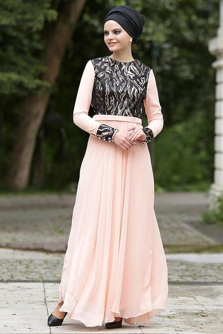 Nayla Collection - Üstü Desenli Somon Elbise 7013SMN - 2