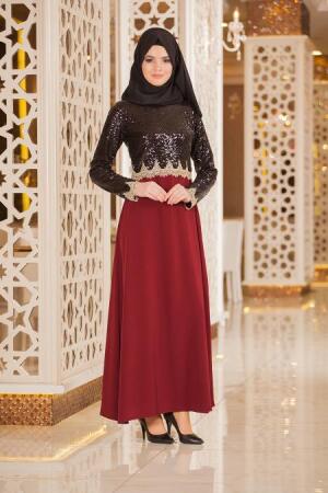 Nayla Collection - Üstü Payetli Bordo Tesettür Elbise 5269BR - 1