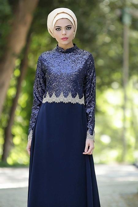 Nayla Collection - Üstü Payetli Lacivert 5269L Elbise 5269L - 2