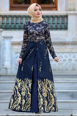 Nayla Collection - Üzeri Dantelli Lacivert Tesettür Abiye Elbise 82441L - 1