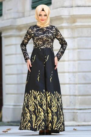 Nayla Collection - Üzeri Dantelli Siyah Tesettür Abiye Elbise 82441S - 1