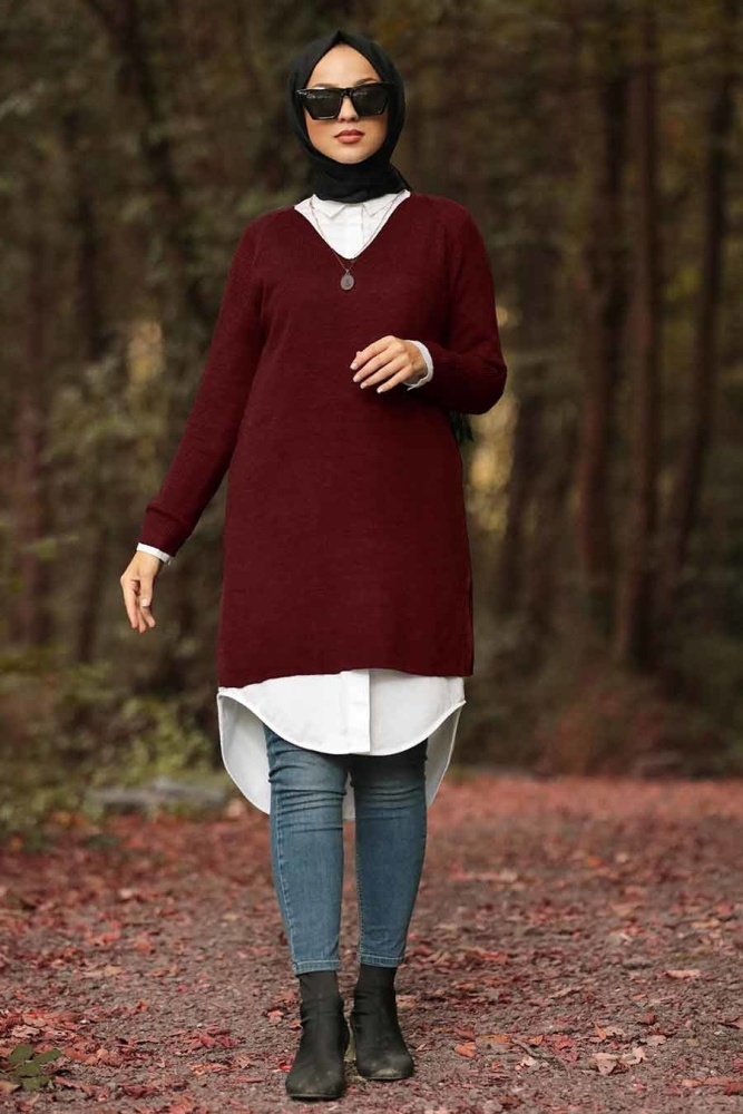 Nayla Collection - V Yaka Bordo Tesettür Triko Tunik 20221BR - 1
