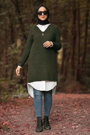 Nayla Collection - V Yaka Haki Tesettür Triko Tunik 20221HK - 1