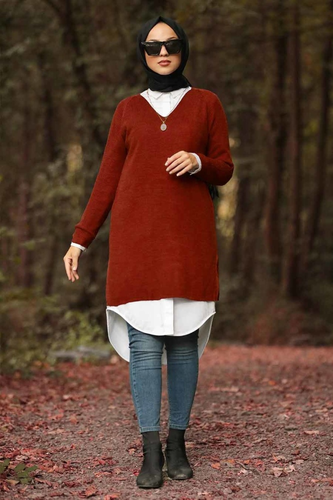 Nayla Collection - V Yaka Kiremit Tesettür Triko Tunik 20221KRMT - 1