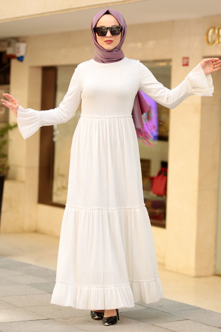 Nayla Collection - Volan Kol Beyaz Tesettür Elbise 41310B