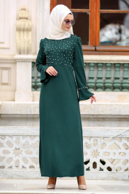 Nayla Collection - Volan Kol Boncuk Detaylı Yeşil Tesettür Elbise 74760Y - Thumbnail