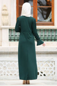 Nayla Collection - Volan Kol Boncuk Detaylı Yeşil Tesettür Elbise 74760Y - Thumbnail