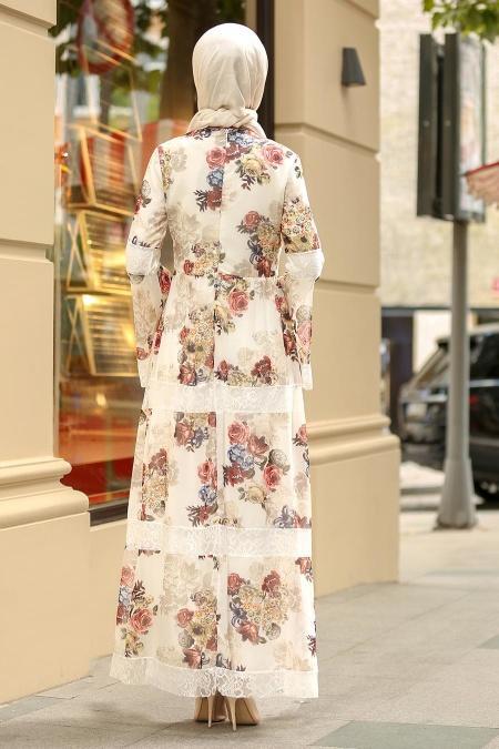 Nayla Collection - Volan Kol Çiçek Desenli Ekru Tesettür Elbise 100427E - 2