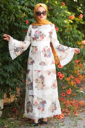 Nayla Collection - Volan Kol Çiçek Desenli Krem Tesettür Elbise 100427KRM - 1