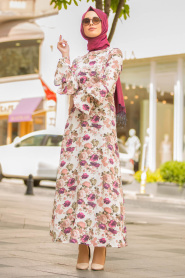 Nayla Collection - Volan Kol Çiçek Desenli Mürdüm Tesettür Elbise 40450MU - Thumbnail