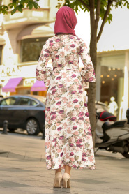 Nayla Collection - Volan Kol Çiçek Desenli Mürdüm Tesettür Elbise 40450MU - Thumbnail