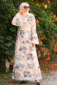 Nayla Collection - Volan Kol Çiçek Desenli Somon Tesettür Elbise 100427SMN - Thumbnail