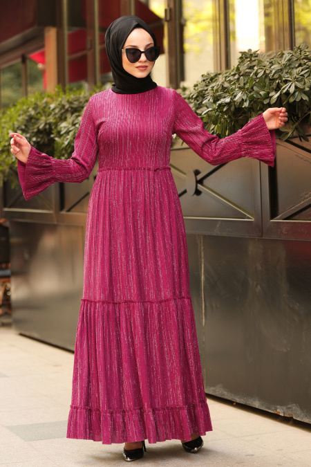 Nayla Collection - Volan Kol Fuşya Tesettür Elbise 41310F