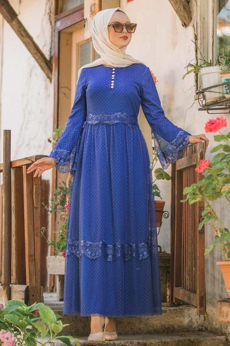 Nayla Collection - Volan Kol İndigo Mavisi Tesettür Elbise 100421IM