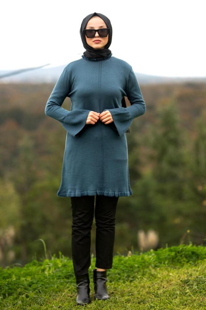 Nayla Collection - Volan Kol İndigo Mavisi Tesettür Triko Tunik 20140IM - 1