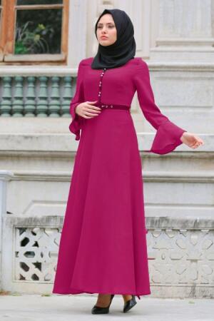 Nayla Collection - Volan Kol Kemerli Fuşya Tesettür Elbise 4809F - 1