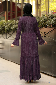 Nayla Collection - Volan Kol Mor Tesettür Elbise 41310MOR - Thumbnail