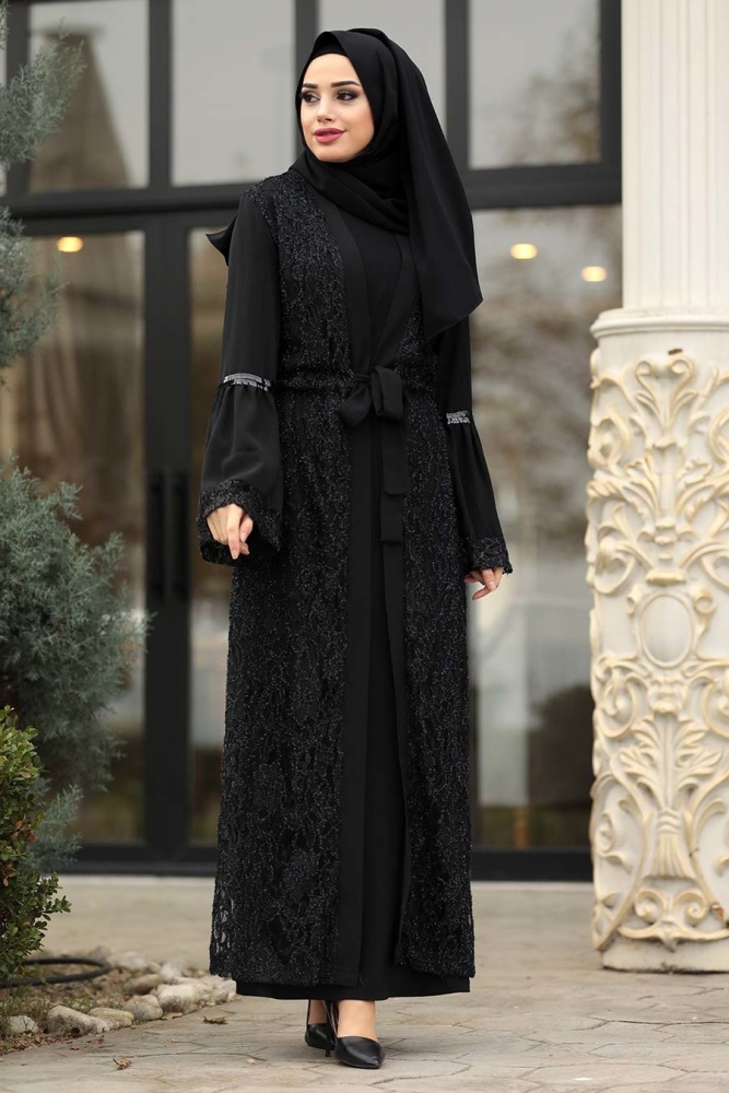 Nayla Collection - Volan Kol Siyah Tesettür Abaya 9559S - 1