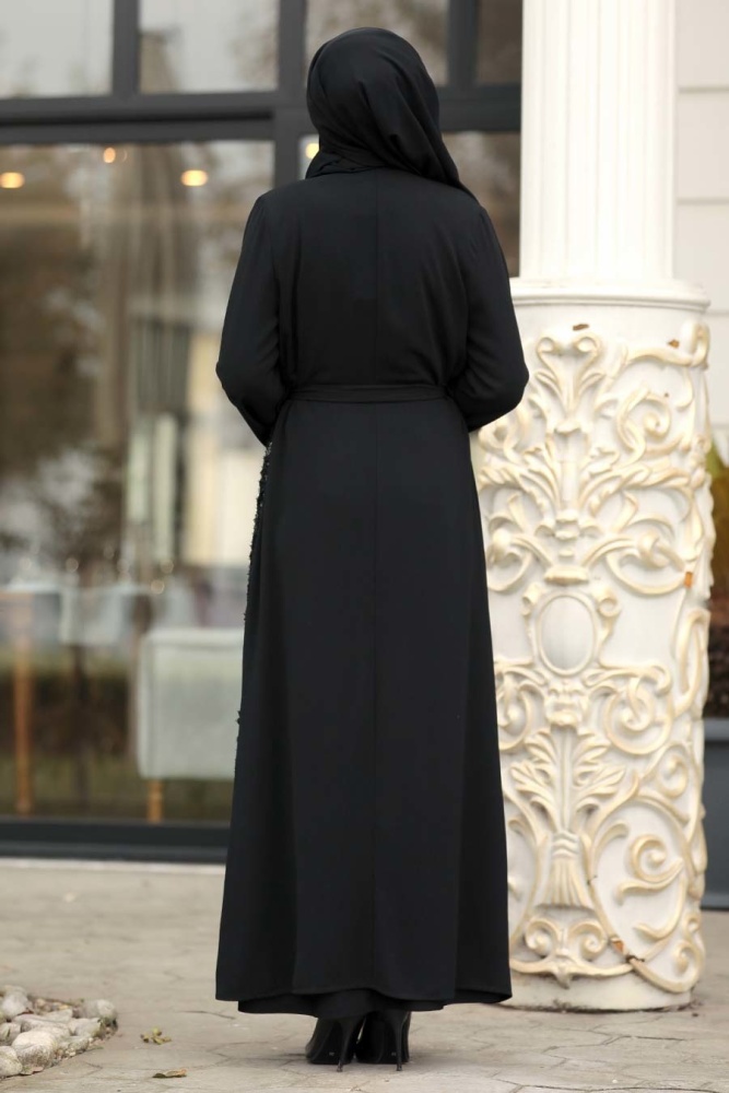 Nayla Collection - Volan Kol Siyah Tesettür Abaya 9559S - 2