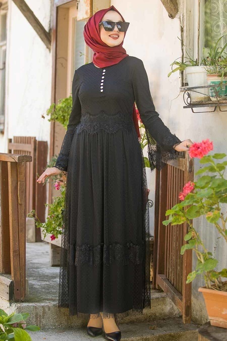 Nayla Collection - Volan Kol Siyah Tesettür Elbise 100421S
