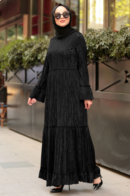 Nayla Collection - Volan Kol Siyah Tesettür Elbise 41310S