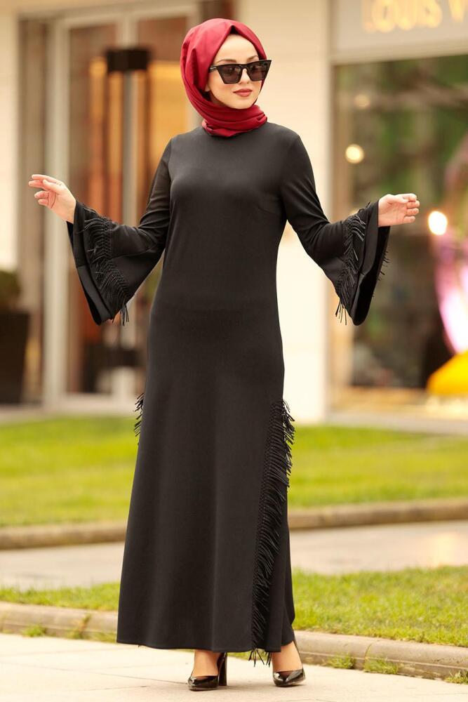 Nayla Collection - Volan Kol Siyah Tesettür Elbise 4260S - 1