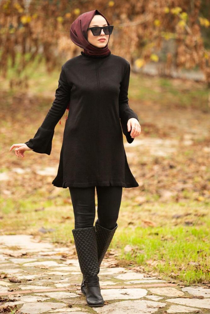 Nayla Collection - Volan Kol Siyah Tesettür Triko Tunik 20140S - 1