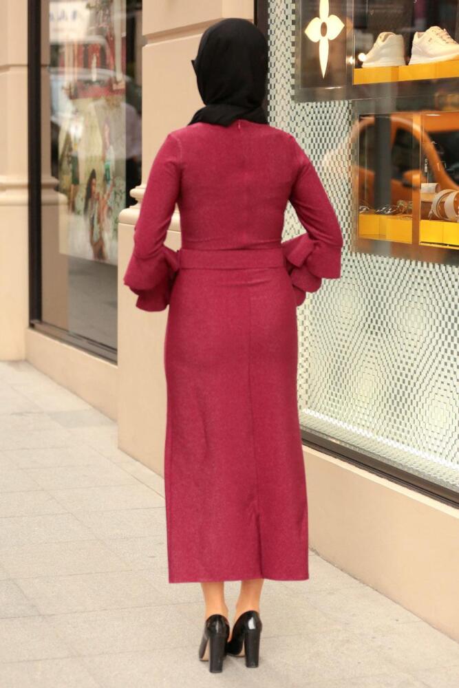 Nayla Collection - Volan Kollu Bordo Tesettür Elbise 4029BR - 2