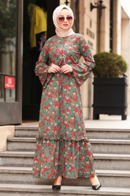 Nayla Collection - Volan Kollu Çağla Yeşili Tesettür Elbise 1254CY - Thumbnail