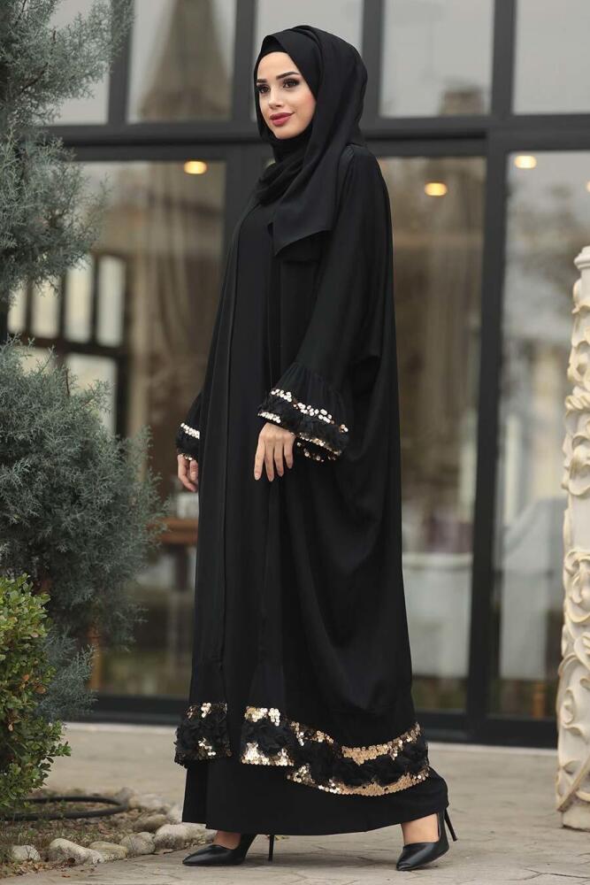 Nayla Collection - Volan Kollu Siyah Tesettür Abaya 9004S - 1