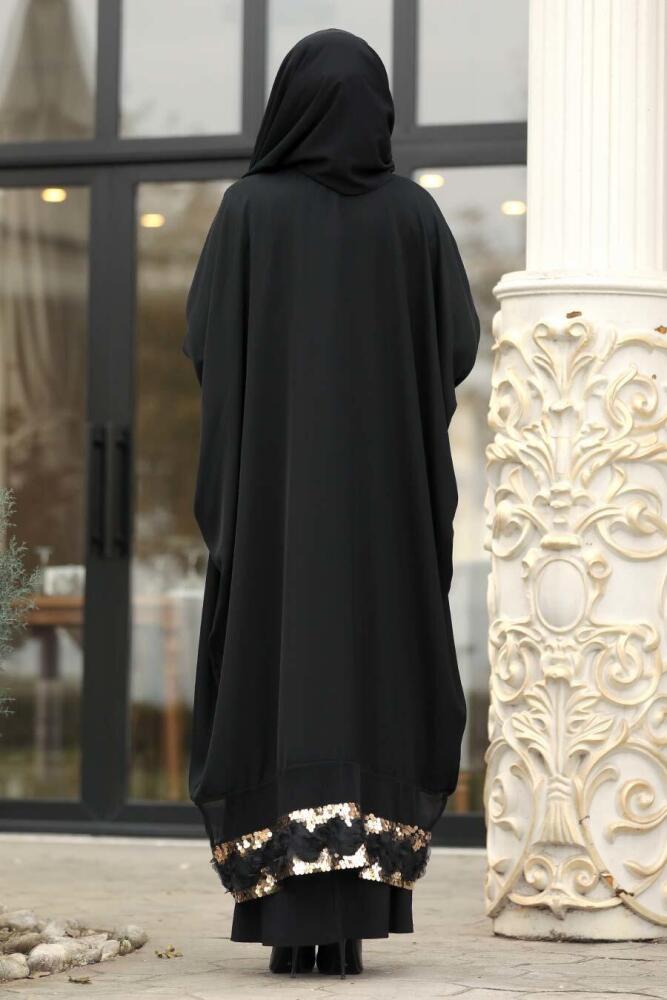 Nayla Collection - Volan Kollu Siyah Tesettür Abaya 9004S - 2