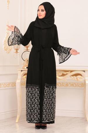 Nayla Collection - Volan Kollu Siyah Tesettür Abaya 9027S - 1