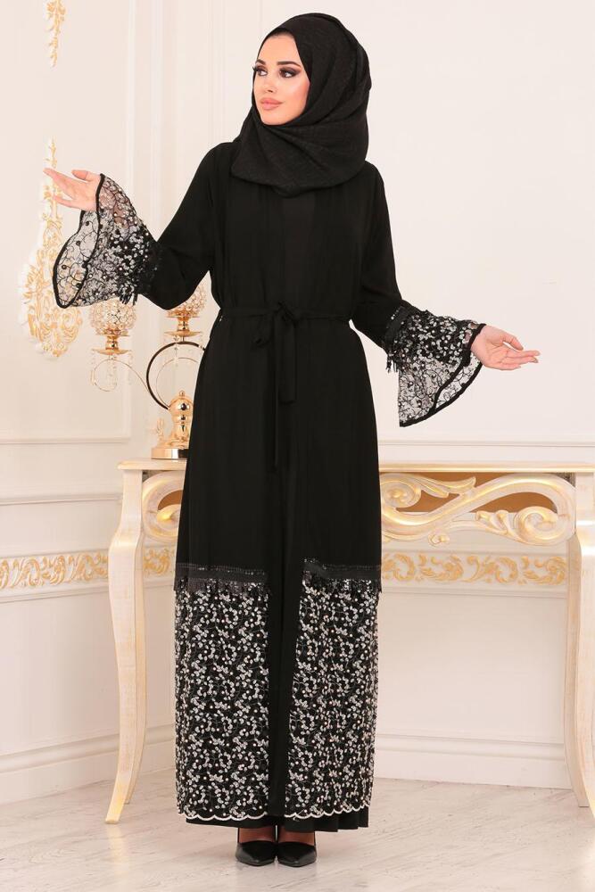 Nayla Collection - Volan Kollu Siyah Tesettür Abaya 9027S - 1