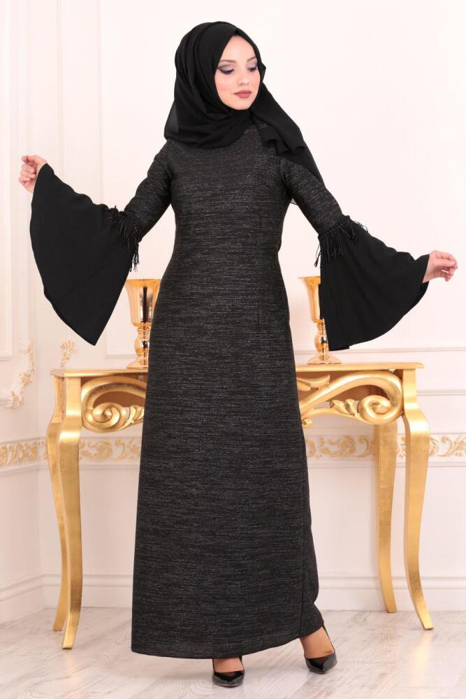 Nayla Collection - Volan Kollu Siyah Tesettür Abiye Elbise 42490S - 1